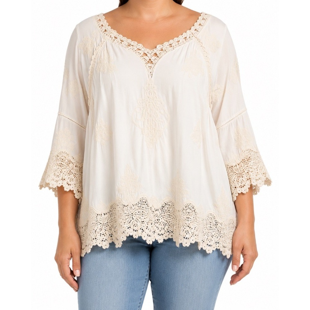 Democracy Plus Size 1X Ivory Crochet Lace Trim Boho Bell Sleeve Blouse Top
